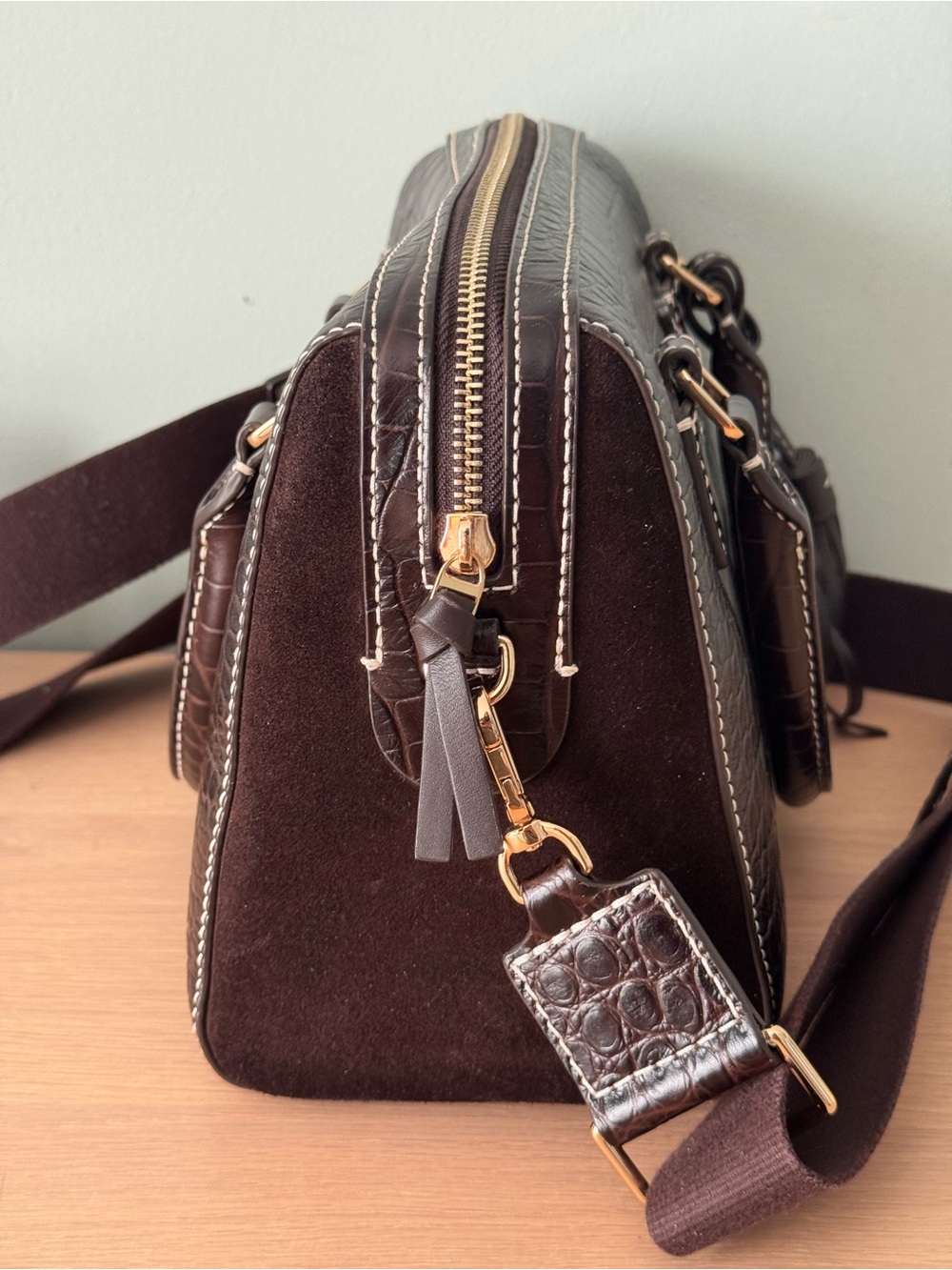 Tory Burch Dark Mahogany Thea Crocodile Embossed Web Small Satchel - Picture 4 of 12